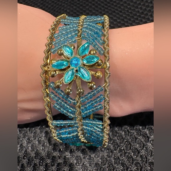 Boho Blue Beaded Cuff Bracelet with Turquoise Flower Detail - Picture 7 of 9